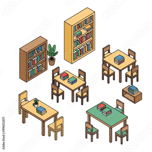 Colorful school desks and chairs arranged.