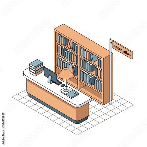 Information Desk with Computer and Books.