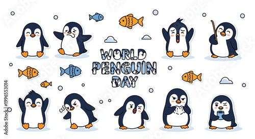 Festive World Penguin Day illustrations showcase a collection of cute penguin cartoon characters in vector design, celebrating wildlife conservation in Antarctica with a playful