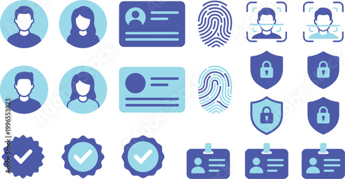 Collection of security and identification icons including fingerprints, badges, and digital profiles