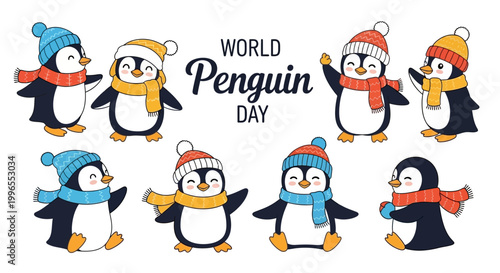 A cheerful World Penguin Day illustration featuring a group of cute cartoon penguins wearing colorful winter hats and scarves against a white background, promoting wildlife conservation