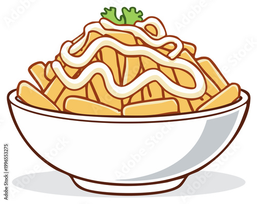 Delicious cartoon illustration of golden french fries with creamy mayonnaise and fresh green herb garnish in a white bowl.