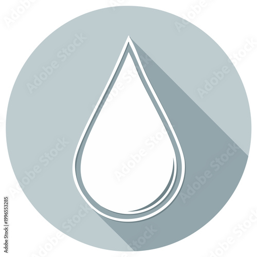 Simple flat design of a white water drop inside a light grey circle with a long shadow