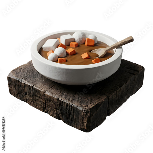 Healthy Vegetable Curry with Tofu and Dumplings in White Bowl on Rustic Wood Isolated PNG Illustration