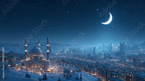 Eid ul azha night celebration 2025 2026 snowy city sky stars midnight