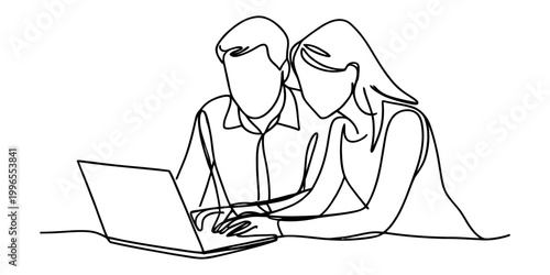 Customer support representative wearing headset working at computer desk in continuous line drawing style Vector, illustration