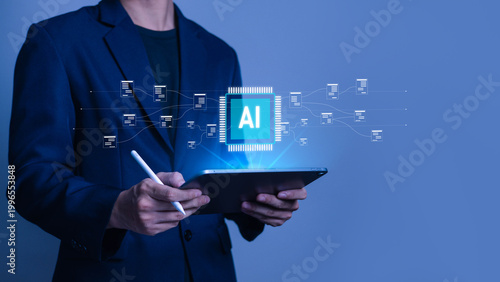 Business professional using tablet with stylus and AI processor interface, data network connection, machine learning, digital transformation, cloud computing, smart technology innovation concept