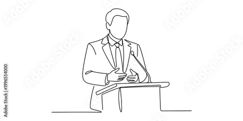 Businessman giving a speech at a podium with a microphone in a continuous line drawing style Vector, illustration