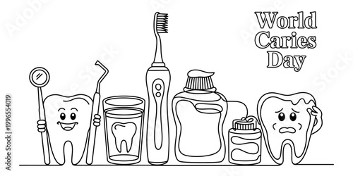 World caries day coloring page with happy and sad teeth characters dental tools toothbrush toothpaste and mouthwash in a simple black and white line art Vector, illustration