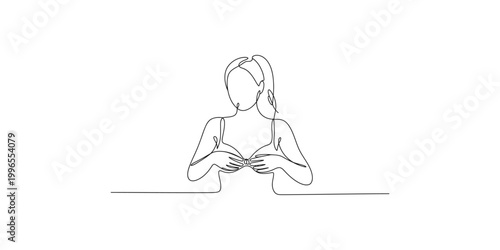 Continuous line drawing of a woman sitting with her hands clasped together in front of her on a table