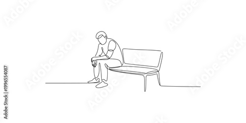 A simple line drawing of a person sitting on a bench looking down