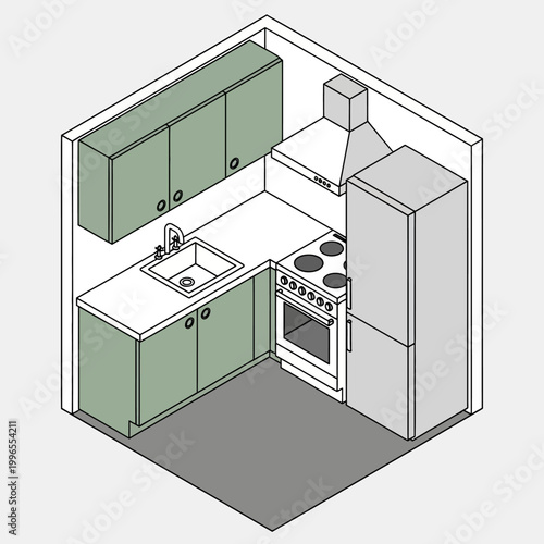 Modern kitchen with green cabinets.