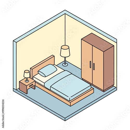 Furniture includes a bed and wardrobe.