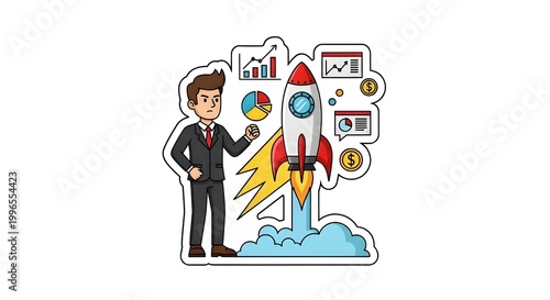 Businessman driving startup success with strategic planning and market data analysis