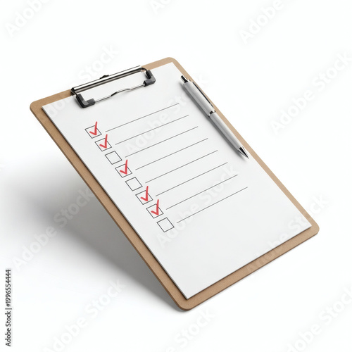 A clipboard with a checklist and pen on a white background
