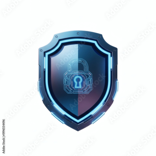 A futuristic shield with a padlock on a white background
