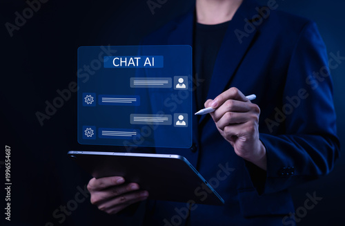Business professional using tablet with stylus interacting with chat AI interface, digital assistant, automation, customer support, data communication, futuristic technology concept for innovation use