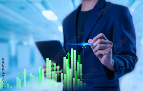 Business professional using stylus with tablet analyzing financial growth chart, data analytics, investment performance, digital finance, profit increase, business strategy and technology concept