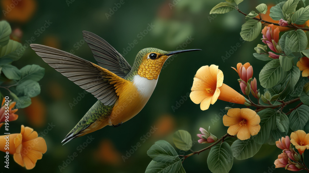 Fototapeta premium Golden hummingbird with orange flower and green leaf in tropical garden scene, vivid and photorealistic nature wildlife illustration