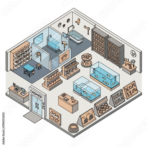Isometric view of jewelry store interior.