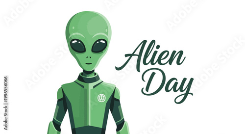 Sci-fi fantasy concept art featuring a light green alien illustration with large black eyes and a slender neck, standing against a clean white background with 'Alien Day' text in a modern