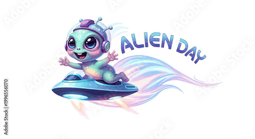 A whimsical cartoon alien illustration shows a cute, big-eyed character joyfully riding a futuristic UFO flying saucer with a trail of cosmic energy, set against a clean white background