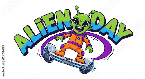 Cartoonish sci-fi alien character joyfully rides a futuristic hoverboard, set against a clean white backdrop, with vibrant colors and a sense of fun, creating an illustration