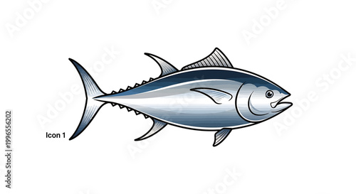 Illustration of a tuna fish in profile view, showcasing its sleek body and fins, perfect for culinary and marine themes