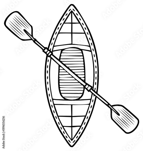 Top view illustration of a canoe and paddle for recreational water activities.