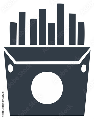 Simple solid icon of French fries in a takeout carton minimalist fast food graphic illustration