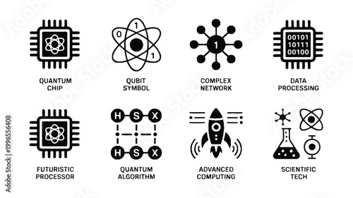 Collection of sleek black and white vector icons representing cutting-edge quantum computing, data processing, and advanced technology concepts