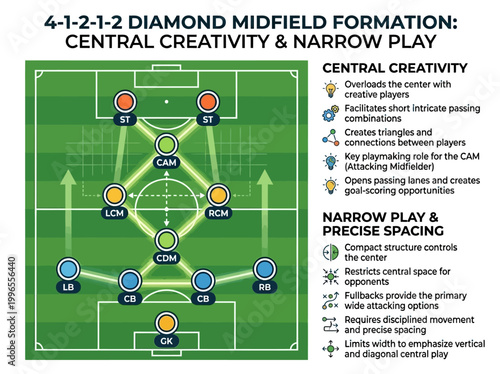 Detailed illustration of a 4-1-2-1-2 diamond midfield formation on a football pitch, explaining central creativity and narrow play tactics for soccer strategy.