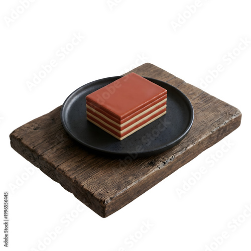 3D Illustration of Traditional Indonesian Layered Cake Lapis Legit on Black Plate and Wood. PNG
