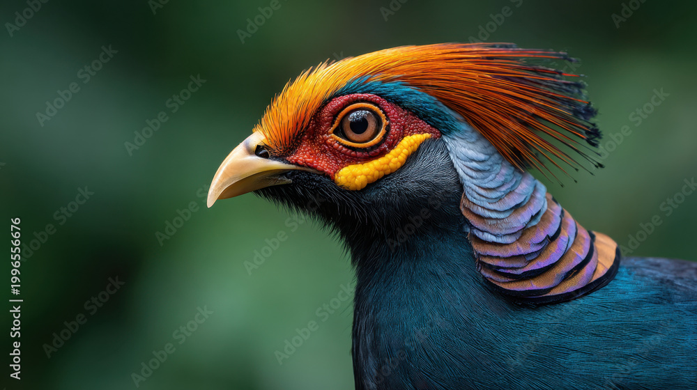 Fototapeta premium Colorful bird portrait with orange crest, blue feather, and exotic eye on green background