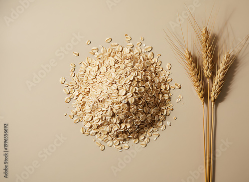 Heap of oatmeal groats and wheat ears on beige background. Dry cereal flakes form mound shape for healthy breakfast meal. Natural food ingredient for porridge and muesli. Healthy Grains / Breakfast 