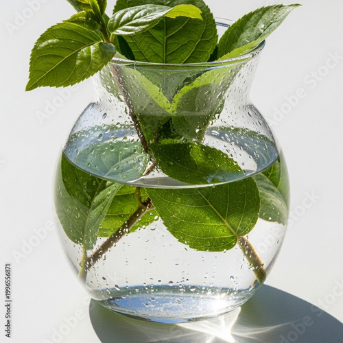 Fresh Leaves in Round Glass Vase