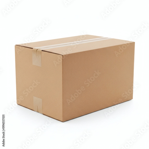 A brown cardboard box with packing tape on a white background