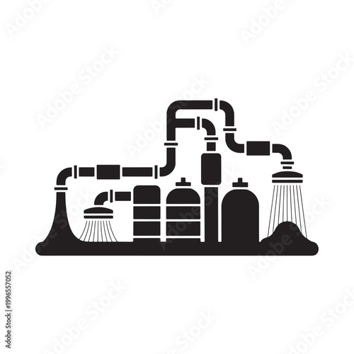 Industrial complex with pipes tanks and smokestacks in black silhouette