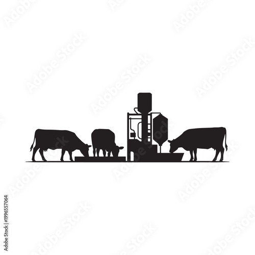 Silhouetted farm scene depicting cows grazing near feeding equipment