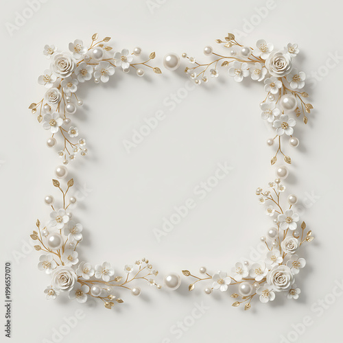 Elegant floral frame with pearl accents borders white space. Creamy white flowers and gold branches create a luxurious border. Ideal for invitations, cards or wedding designs. Elegant Wedding & Event 