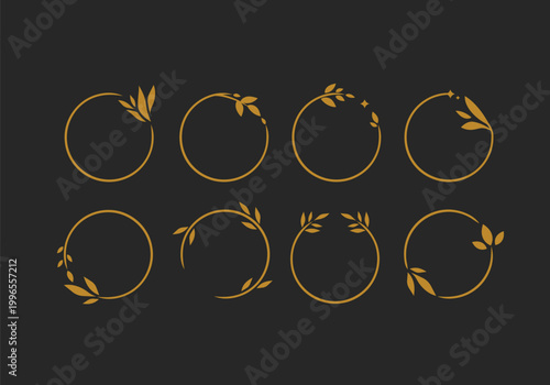 Elegant luxury botanical gold circle round frame collection with leaf for premium product