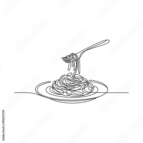Minimalist line art depicts a fork lifting spaghetti from a plate