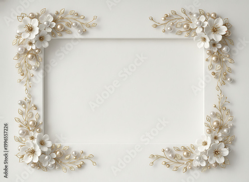Elegant floral frame with pearl accents borders white space. Creamy white flowers and gold branches create a luxurious border. Ideal for invitations, cards or wedding designs. Elegant Wedding & Event 