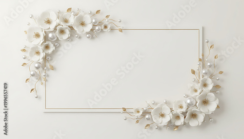 Elegant floral frame with pearl accents borders white space. Creamy white flowers and gold branches create a luxurious border. Ideal for invitations, cards or wedding designs. Elegant Wedding & Event 
