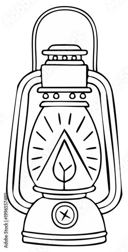Hand drawn illustration of a vintage kerosene lantern with a glowing flame inside