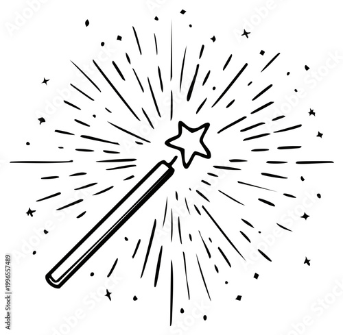 Whimsical Magic Wand with Star and Bursting Sparkles Illustration