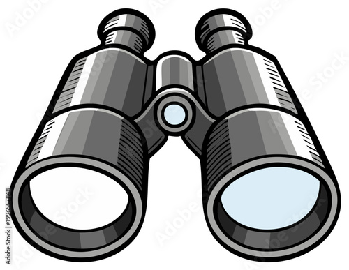 Cartoon-style illustration of a pair of binoculars showing the lenses with detailed artwork