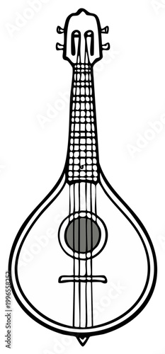 Cartoon Illustration of a Mandolin, Line Art Musical Instrument Drawing, Outline Black and White