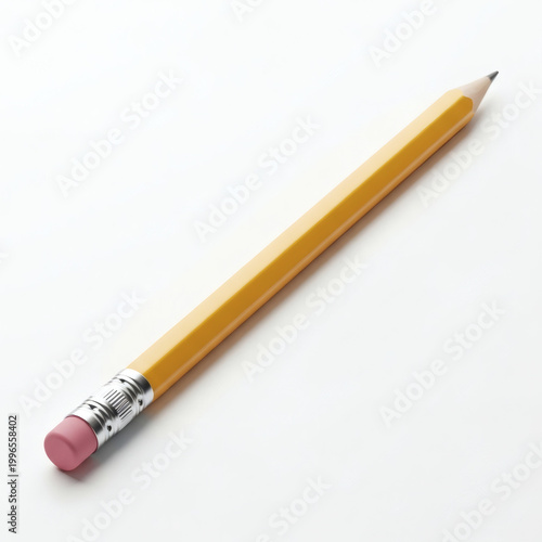 A yellow pencil with a pink eraser on a white background