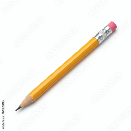 A sharp yellow pencil with a pink eraser on a white background